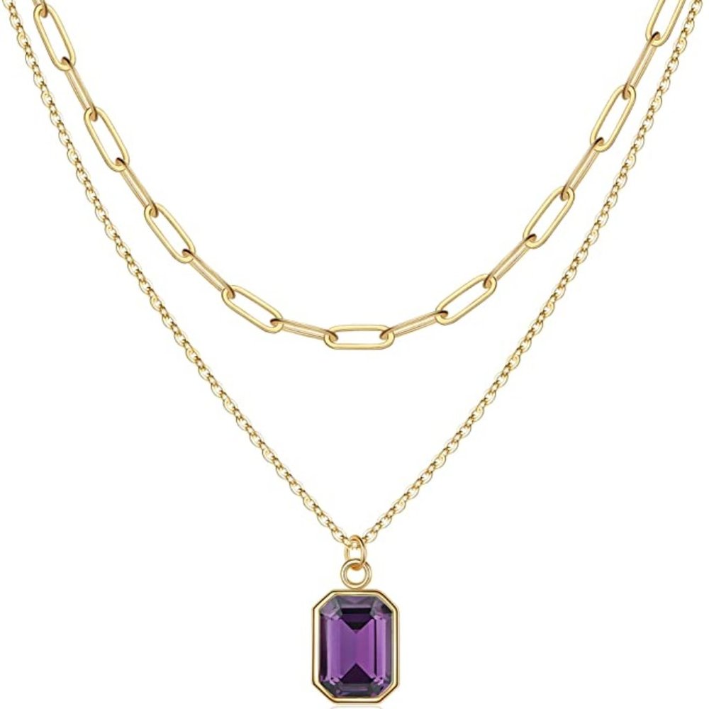 Women, Real Gold Plated Birthstone Necklace for Women Layered Paperclip Chain